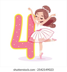 Bella bailarina chica en vestido blanco bailando con el número 1 sobre fondo blanco. Bailarina con número 4. Póster, Anuncio, Flyer, Tarjeta de felicitación. Ilustración vectorial en estilo plano de dibujos animados