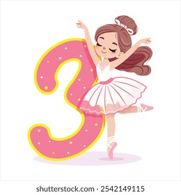 Bella bailarina chica en vestido blanco bailando con el número 1 sobre fondo blanco. Bailarina con número 3. Póster, Anuncio, Flyer, Tarjeta de felicitación. Ilustración vectorial en estilo plano de dibujos animados