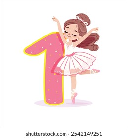 Bella bailarina chica en vestido blanco bailando con el número 1 sobre fondo blanco. Bailarina con número 1. Póster, Anuncio, Flyer, Tarjeta de felicitación. Ilustración vectorial en estilo plano de dibujos animados