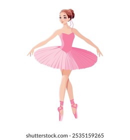 Bailarina bonita em vestido rosa dançando sobre fundo branco. Ilustração vetorial sobre fundo branco