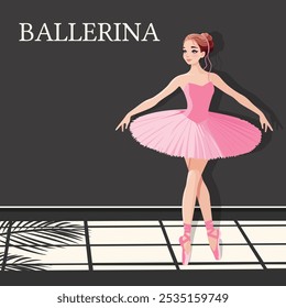 Pretty ballerina in pink dress dancing in dark room with shadow of big window. Poster, Banner, Flyer, Greeting Card. Vector illustration in flat cartoon style