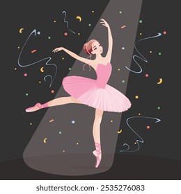 Bailarina bonita en vestido rosa bailando en el escenario y el foco que brilla en ella. Ilustración vectorial en estilo plano de dibujos animados