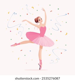 Bailarina bonita em vestido rosa dançando sobre fundo branco. Ilustração vetorial em estilo de desenho animado plano