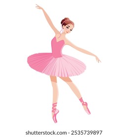 Bella bailarina en vestido rosa bailando sobre fondo blanco. Ilustración vectorial en estilo plano de dibujos animados