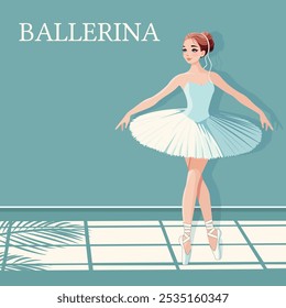 Bella bailarina en vestido blanco bailando en habitación azul con sombra de gran ventana. Póster, Anuncio, Flyer, Tarjeta de felicitación. Ilustración vectorial en estilo plano de dibujos animados