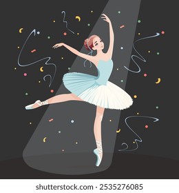 Bailarina bonita com vestido branco dançando no palco e holofotes brilhando sobre ela. Ilustração vetorial em estilo de desenho animado plano