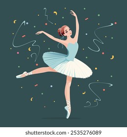 Bailarina bonita com vestido branco dançando. Ilustração vetorial em estilo de desenho animado plano