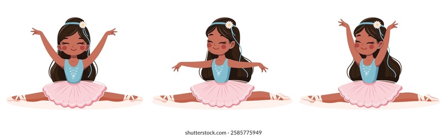 Pretty ballerinas girl in pink and blue dress doing the splits on white background. Poster, Banner, Flyer, Greeting Card. Vector illustration in flat cartoon style