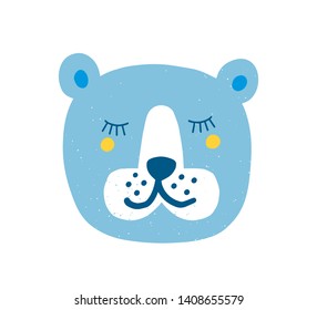 Pretty bear face with closed eyes isolated on white background. Head of cute sleeping forest animal. Muzzle of lovely beast. Flat modern cartoon childish vector illustration for apparel print.