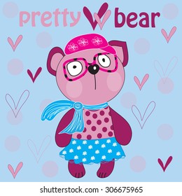 pretty bear in a skirt and glasses with hearts and dots vector illustration