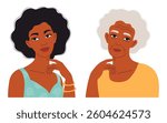 Pretty Beautiful African American Girl And Mature Older Gray-Haired Woman Granny. Concept of Generation, Family, Time, Change. Elegant Young and Old Female Portrait. Vector Illustration in flat style
