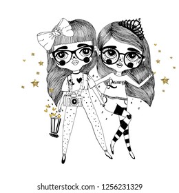 Pretty beautiful fashionable girls with glasses and camera in hands / romantic girls  / T-shirt Graphics / girl vector / illustration princess girls/coloring book/black and white