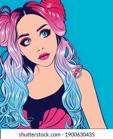 Pretty beautiful girl with pink blue gradient hair in pop-art style