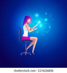 Pretty beautiful girl is sitting on modern office chair and using hands touching hologram simulation screen. Future concept. Vector illustration.