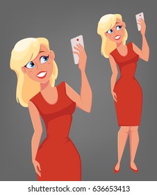 Pretty Beautiful young Women Taking Selfie Photo on Smart Phone. Beautiful blonde woman with big blue eyes holding phone and taking selfie. Cute cartoon character. Vector illustration.