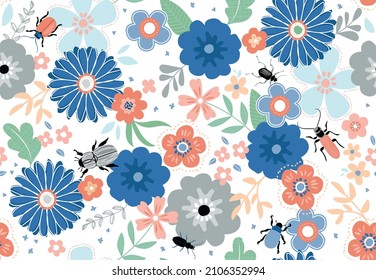 Pretty beetles, bugs, and insects mingle among this lovely floral vector pattern. Repeating pattern can be used for webpages, packaging, backgrounds, or surface designs.