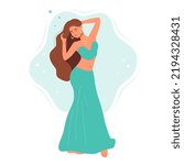 Pretty belly dancer woman in oriental dress with long hairs. Professional arabian dance perfomance by young beautiful girl. Female sensuality body in turkish ethnisity costum. Isolated vector