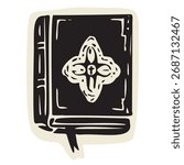 Pretty bible for women with bookmark vector icon graphic. Contemplative devotional prayer symbol for religious and biblical clipart. Black and white hand drawn gods word book motif