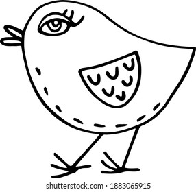 Pretty big-eyed chicken. Vector illustration for children in cartoon style.
