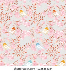 Fondo bonito de pájaro y floral - Patrón vectorial repetitivo, repetición perfecta con aves y rosas