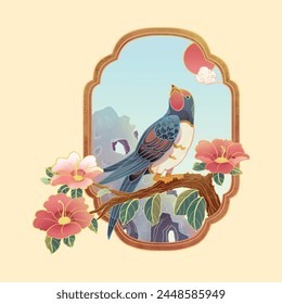 A pretty bird inside the frame pop out a beautiful flower