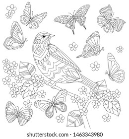 pretty bird on branch of flowering tree for your coloring book