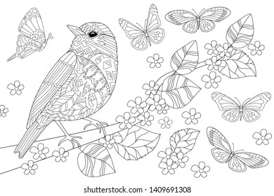 pretty bird in on branch of tree for your coloring book