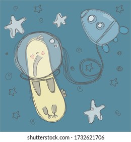 A pretty bird and space set, with a rocket,stars.Hand drawing vector cartoon scribble illustration.