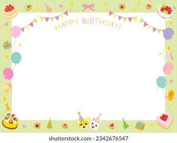 Pretty birthday frame of cake, flag and balloon
