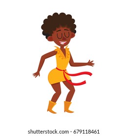 Pretty black, African American woman, retro disco dancer, cartoon vector illustration isolated on white background. Young black African American woman dancing at retro disco party, having fun