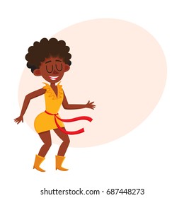 Pretty black, African American woman, retro disco dancer, cartoon vector illustration with space for text. Young black African American woman dancing at retro disco party, having fun