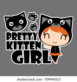 Pretty black cat girl with cat head vector cartoon illustration for halloween card design, wallpaper and kid t-shirt design