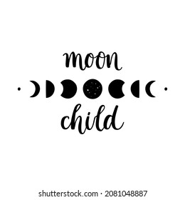 Pretty black design with brush calligraphy and moon phases. Vector isolated on white background.