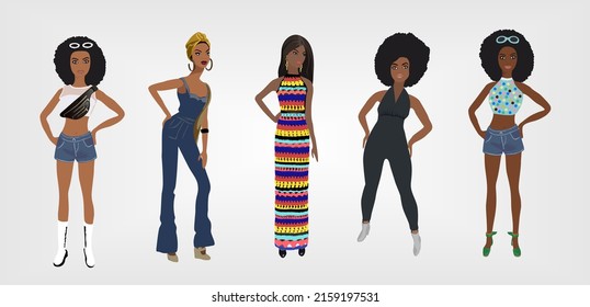 Pretty black fashion dolls vector illustration. Beautiful girls wearing fashionable casual outfit. Cartoon style fashion illustration isolated.