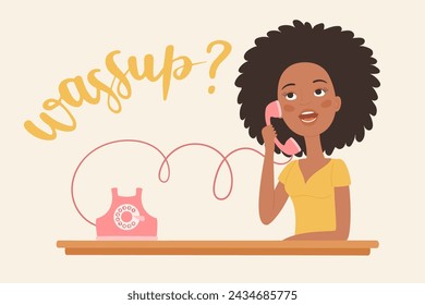 Pretty black girl calling and asking "Wassup?". Retro phone. Retro afro woman talking on retro phone. Pretty girl chatting on phone. Vector illustration.