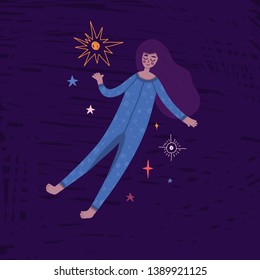 Pretty black girl floating in space. Cute hand-drawn illustration with sleeping woman in pajamas and stars. Cartoon design. Vector.