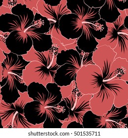 Pretty black and red floral print. Motley seamless pattern. Vector hibiscus flower background.