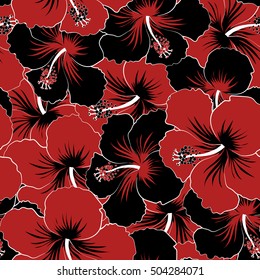 Pretty black and red floral print. Motley seamless pattern. Vector hibiscus flower background.