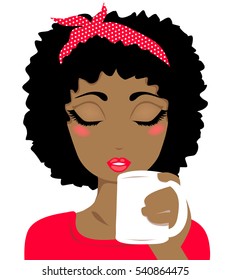 Pretty black woman drinking a tea. Vector. White background.