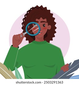 Pretty black woman holding a magnifying glass against her face, looking through it, surrounded by leaves