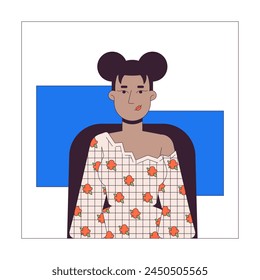 Mujer negra bonita sentada en la silla 2D lineal de dibujos animados. Empleada de oficina femenina en el lugar de trabajo aislado línea de Vector persona fondo blanco. Ilustración de punto plano en color para videoconferencia