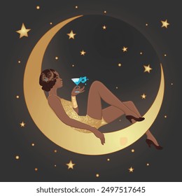 Mujer bastante negra sentada en la luna creciente de papel vintage bebiendo un martini. Chica afroamericana Flapper. Diseño de invitación de fiesta retro. Ilustración vectorial.