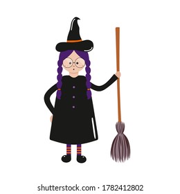 A pretty black-and-purple witch is holding a flying broom. Illustration for the Halloween holiday, isolated on a white background. Magic and sorcery. Vector drawing of a cartoon