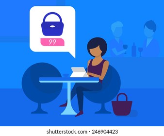 Pretty blackhair woman sitting in the cafe and doing shopping online. Flat modern style