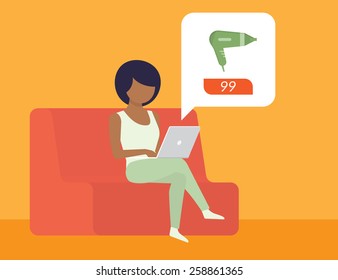 Pretty blackhair woman sitting at home and doing shopping online. Flat modern style