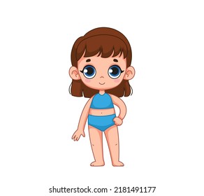 Pretty black-haired girl in a blue bathing suit. Children's illustration of a child in a bathing suit. Vector illustration in cartoon childish style. Isolated funny clipart. Cute baby print