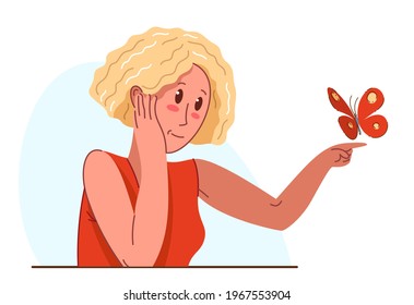 Pretty blond girl with butterfly on her finger vector flat illustration isolated on white, concept of dream and trust, spiritual and hope theme, harmony.