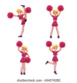 Pretty blond girl in cheerleader uniform with pompoms, cartoon vector illustration isolated on white background. Beautiful cheerleader girl dancing with pompoms, full length portrait