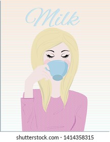 A pretty blond girl drinking her cup of milk