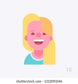 Pretty blond girl friendly smiling. Modern simple and clear design. Vector icon in flat style.